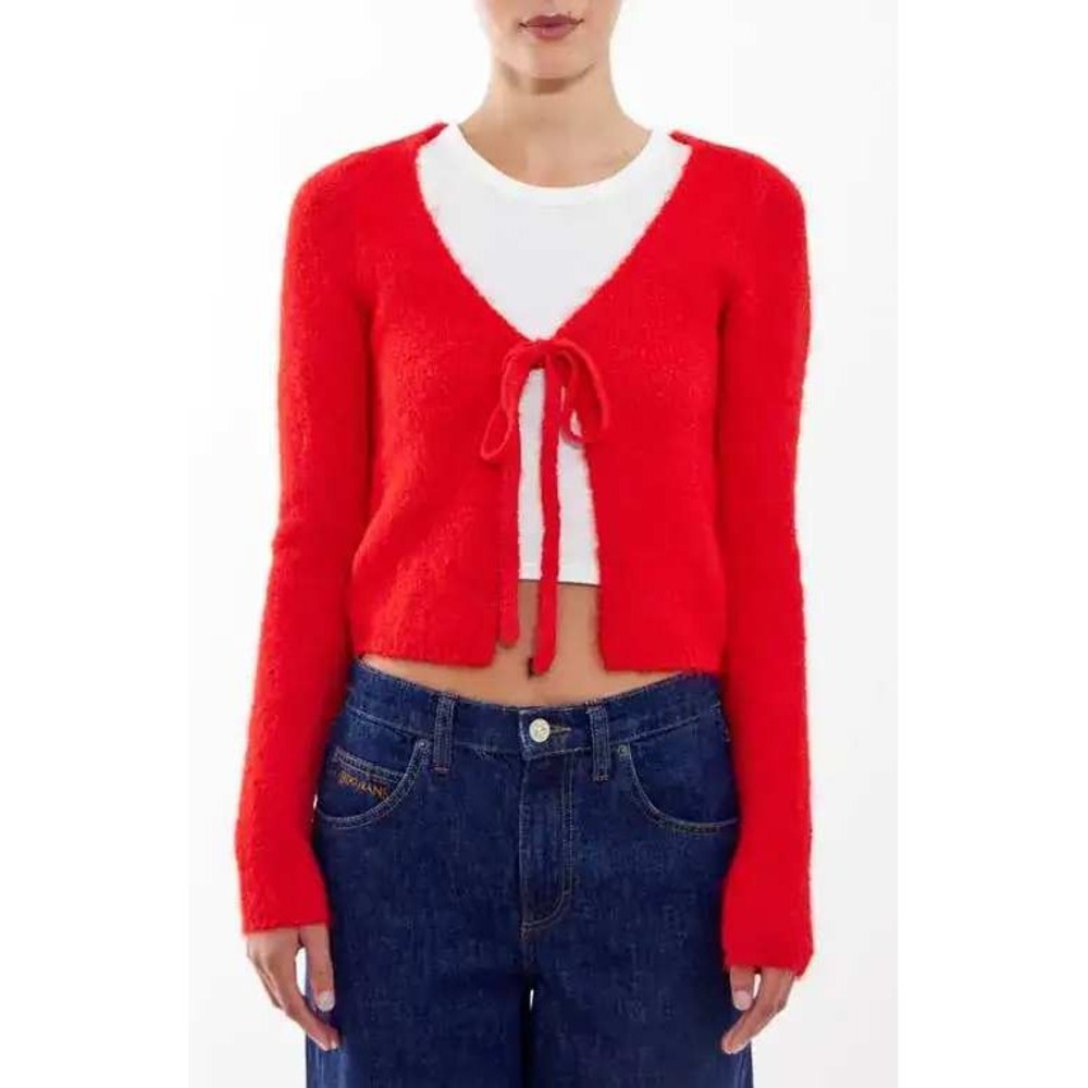 BDG Cardigan Women XS Red Fuzzy Knit Tie Front Cropped Sweater Urban Outfitters